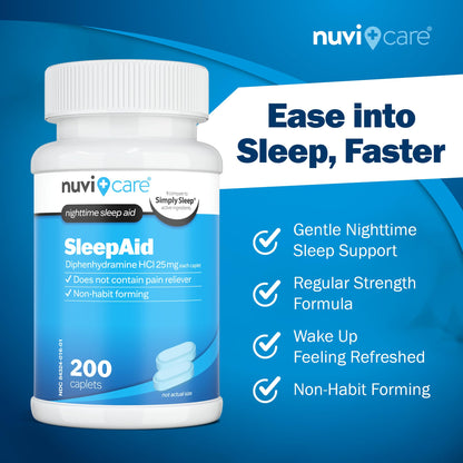 NUVICARE Nighttime Sleep Aid 25 mg Diphenhydramine HCl | Non-Habit Forming OTC Sleep Pills for Adults (200 Caplets)