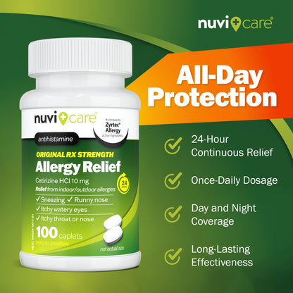 NUVICARE 24-Hour Allergy Medicine - Cetirizine HCl 10 mg Tablets - Compare to Zyrtec - 100 Count
