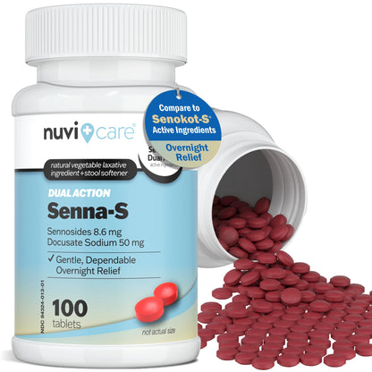 NUVICARE Senna Plus Laxative Stool Softener — Docusate Sodium 50mg + Sennosides 8.6mg | Compare to Senokot-S | 100 Tablets