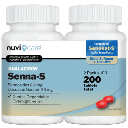 NUVICARE Senna Plus Laxative Stool Softener – Docusate Sodium 50mg + Senna 8.6mg (2 Pack) | Compare to Senokot-S