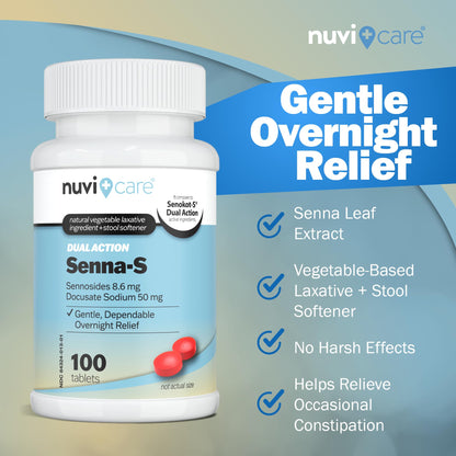 NUVICARE Senna Plus Laxative Stool Softener — Docusate Sodium 50mg + Sennosides 8.6mg | Compare to Senokot-S | 100 Tablets