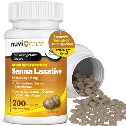 NUVICARE Senna Laxative Tablets 8.6 mg – Gentle Natural Relief for Occasional Constipation (200 Count)