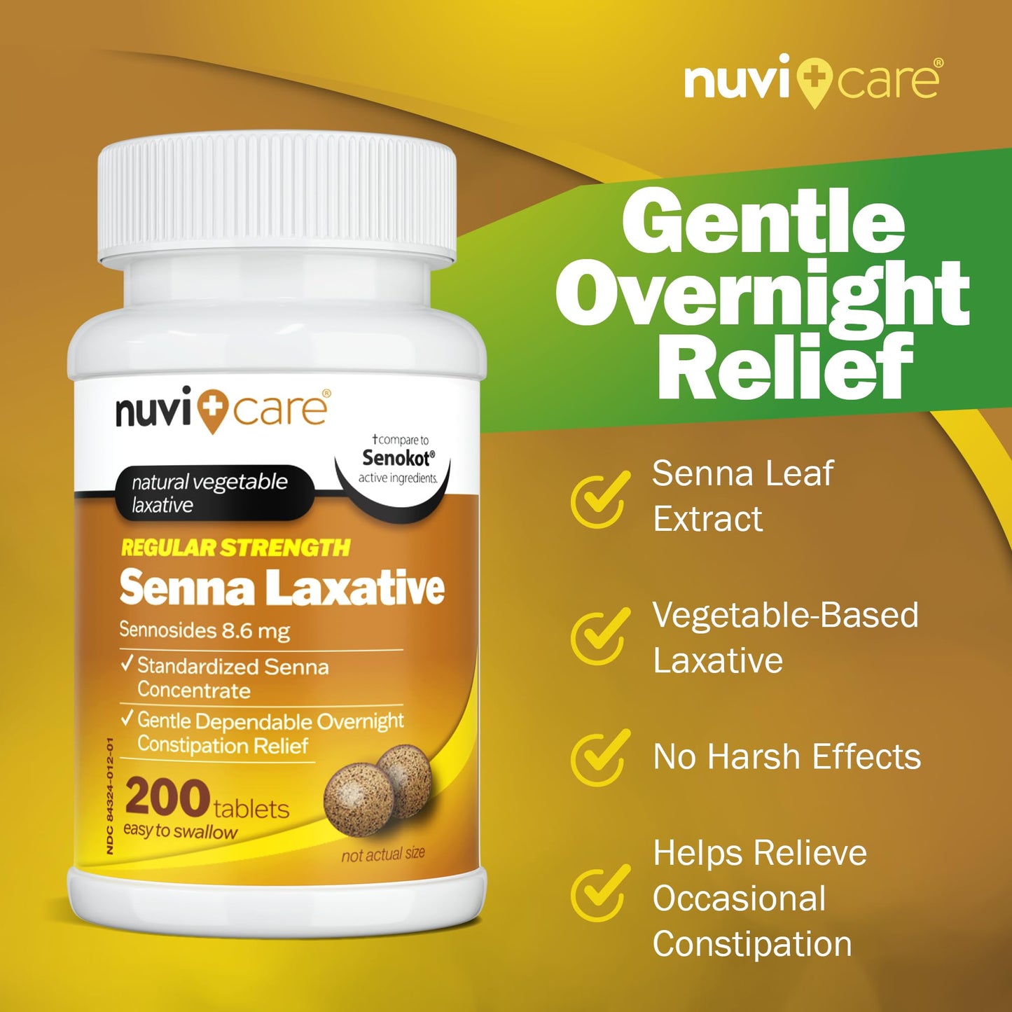 NUVICARE Senna Laxative Tablets 8.6 mg – Gentle Natural Relief for Occasional Constipation (200 Count)