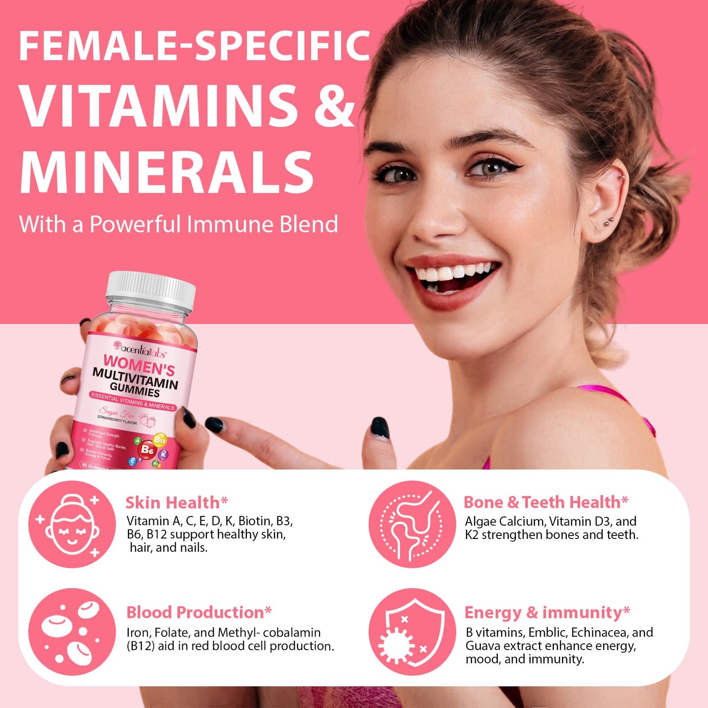 Nyloriaine Multivitamin for Women - Women's Multivitamin Gummies 60 Count | Strawberry Flavor