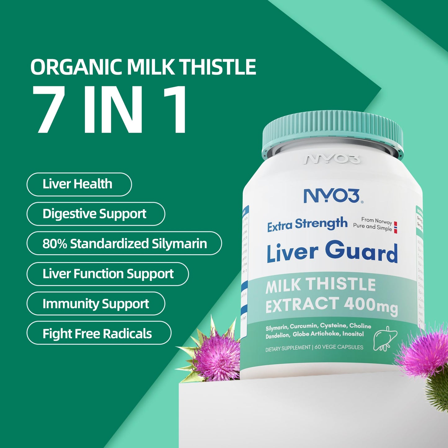NYO3 Milk Thistle Liver Detox Supplement 400mg - 60 Capsules | Liver Health & Antioxidant Support