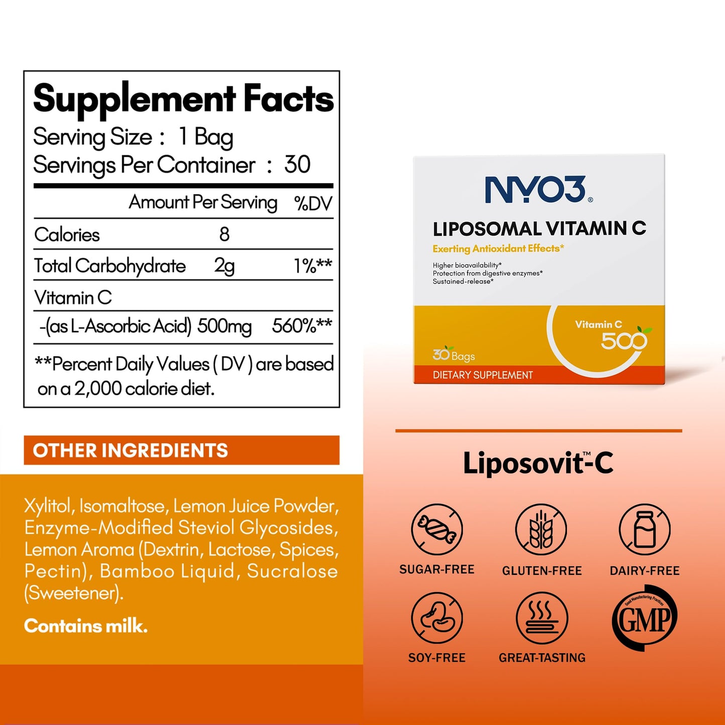 NYO3 Liposomal Vitamin C Powder – Immune Support & Skin Health, 500mg, Gluten-Free