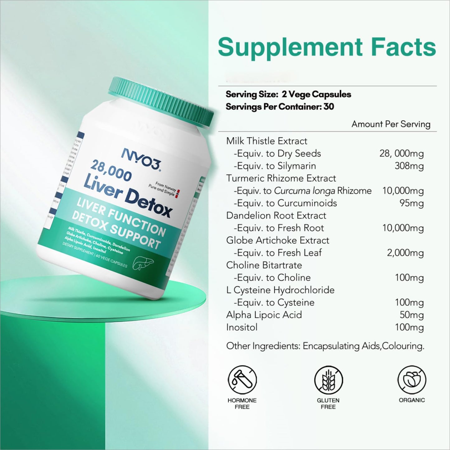 NYO3 Milk Thistle 200mg Liver Detox - Dandelion Root & Artichoke Extract | 60 Capsules