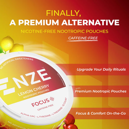 NZE Caffeine Free Nootropic Pouches – Lemon Cherry, 15 Pouches/Can, 5 Pack | Alpha GPC, L-Tyrosine & L-Theanine