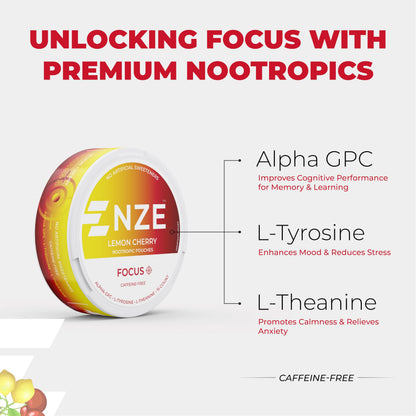 NZE Caffeine Free Nootropic Pouches – Lemon Cherry, 15 Pouches/Can, 5 Pack | Alpha GPC, L-Tyrosine & L-Theanine
