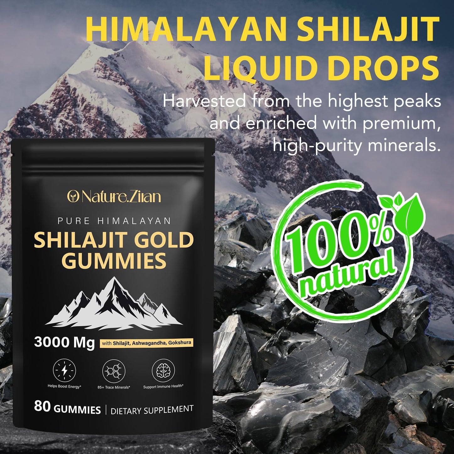 O NATURE ZIRAN Shilajit Gummies for Men & Women - 85+ Minerals, Ashwagandha & Gokshura, 80 Gummies