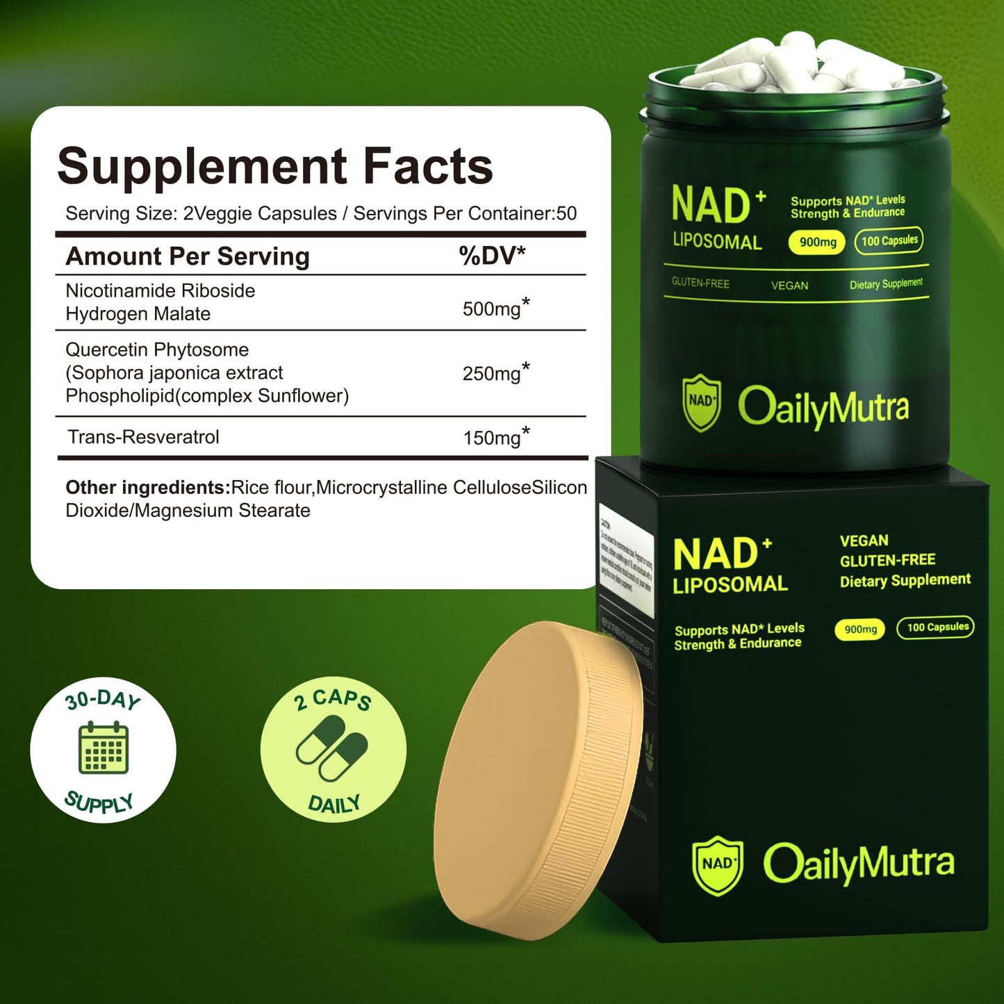 OailyMutra NAD+ Supplement – 900mg NR & Resveratrol | Vegan, Gluten-Free