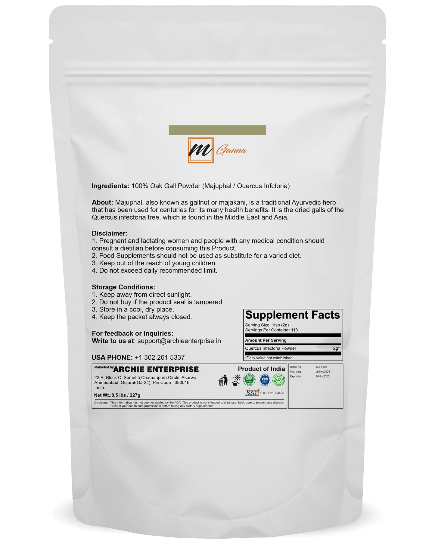 mGanna 100% Natural Oak Gall Powder 0.5 lb | Quercus Infectoria Majuphal