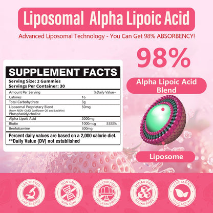 Oakevlp 2000mg Liposomal Alpha Lipoic Acid Gummies – 2 Pack, Biotin & Benfotiamine