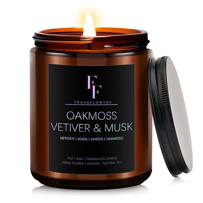 Oakmoss Vetiver & Musk Scented Candles – 7oz Soy Wax Amber Jar Gift