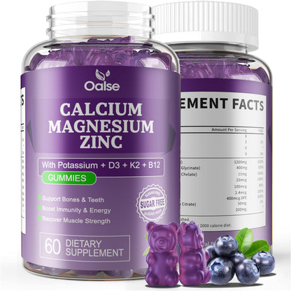 OALSE Calcium Magnesium Zinc Gummies with Vitamin D3 & K2 – High Absorption Magnesium Glycinate – Sugar Free Blueberry (1 Pack)
