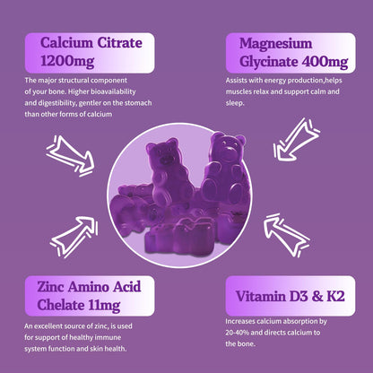 OALSE Calcium Magnesium Zinc Gummies with Vitamin D3 & K2 – High Absorption Magnesium Glycinate – Sugar Free Blueberry (1 Pack)