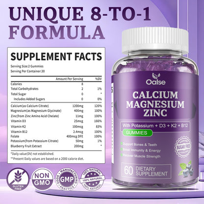 OALSE Calcium Magnesium Zinc Gummies with Vitamin D3 & K2 – High Absorption Magnesium Glycinate – Sugar Free Blueberry (1 Pack)