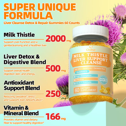 OALSE Liver Cleanse Detox & Repair 2000 mg Milk Thistle Gummies – Mango Pineapple, Gluten-Free, 60 Count