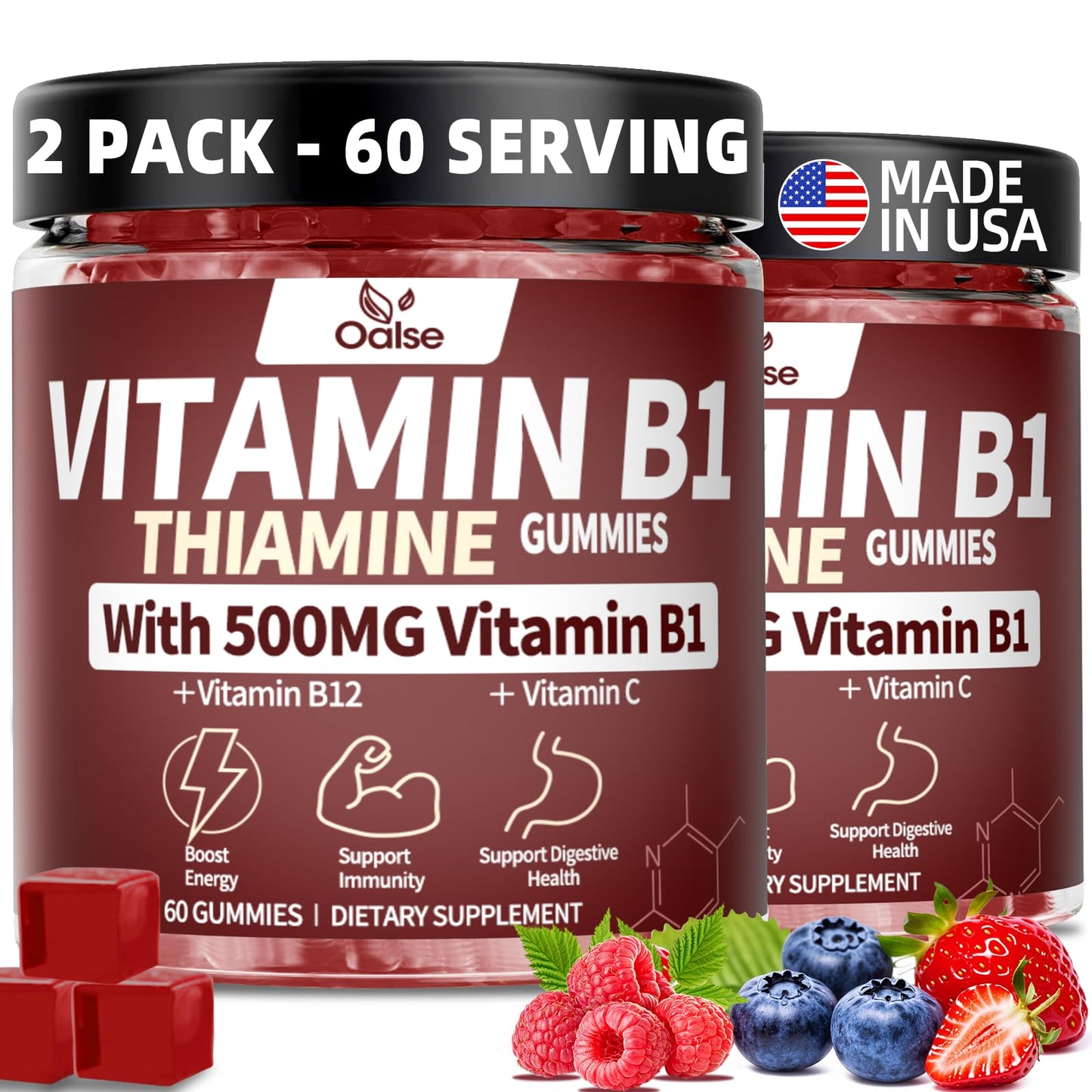 OALSE Thiamine B1 Gummies - 2 Pack, 500g Vegan Sugar-Free with Mixed Berry Flavor (120 Gummies)