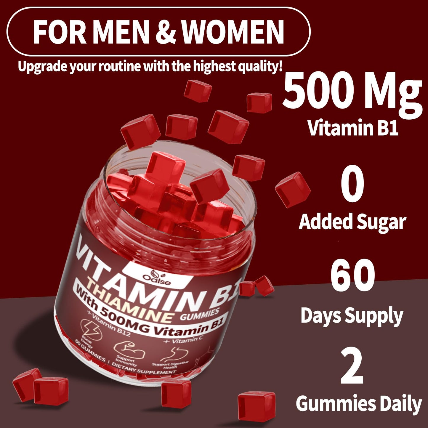 OALSE Thiamine B1 Gummies - 2 Pack, 500g Vegan Sugar-Free with Mixed Berry Flavor (120 Gummies)