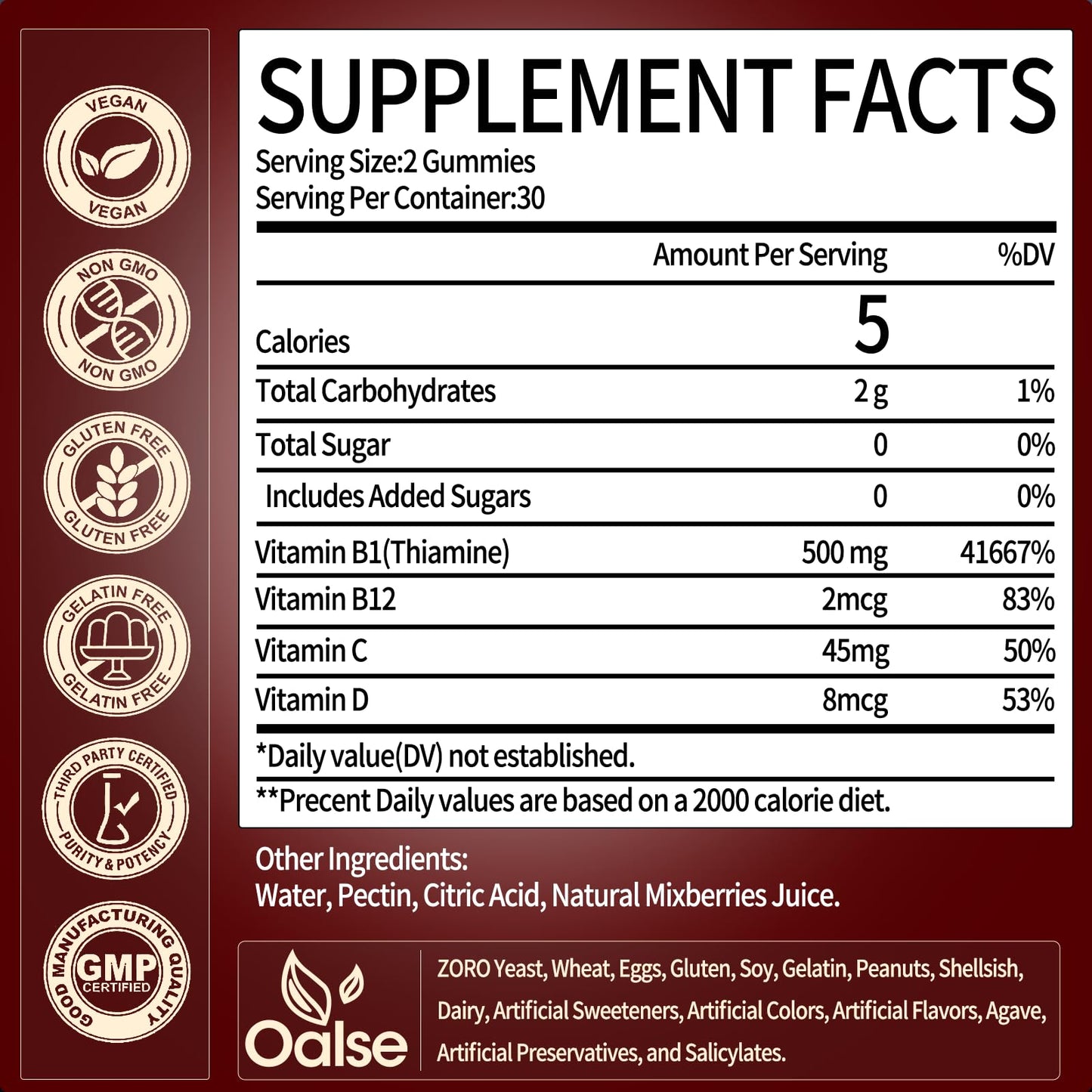 OALSE Thiamine B1 Gummies - 2 Pack, 500g Vegan Sugar-Free with Mixed Berry Flavor (120 Gummies)