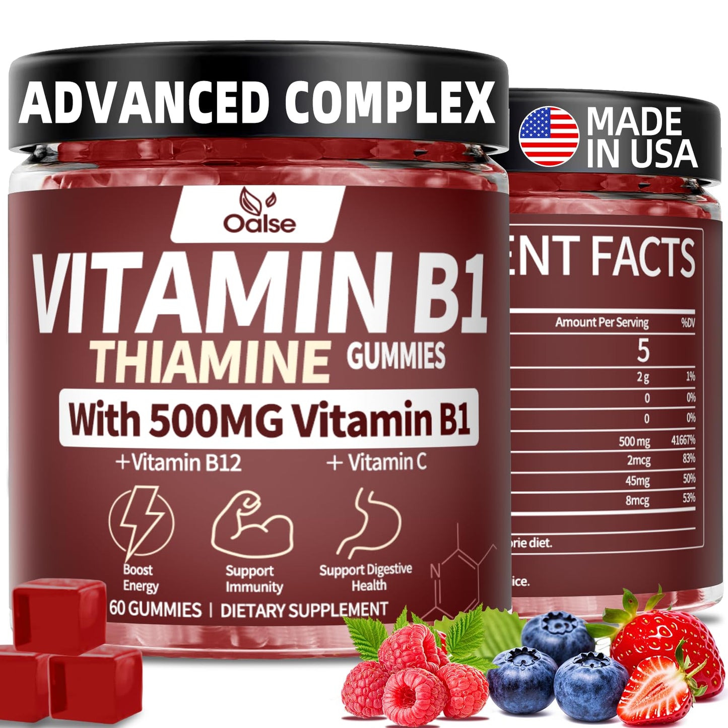 OALSE Thiamine Vitamin B1 Gummies - 500g, Vegan Sugar-Free Mixed Berry (60 Count)