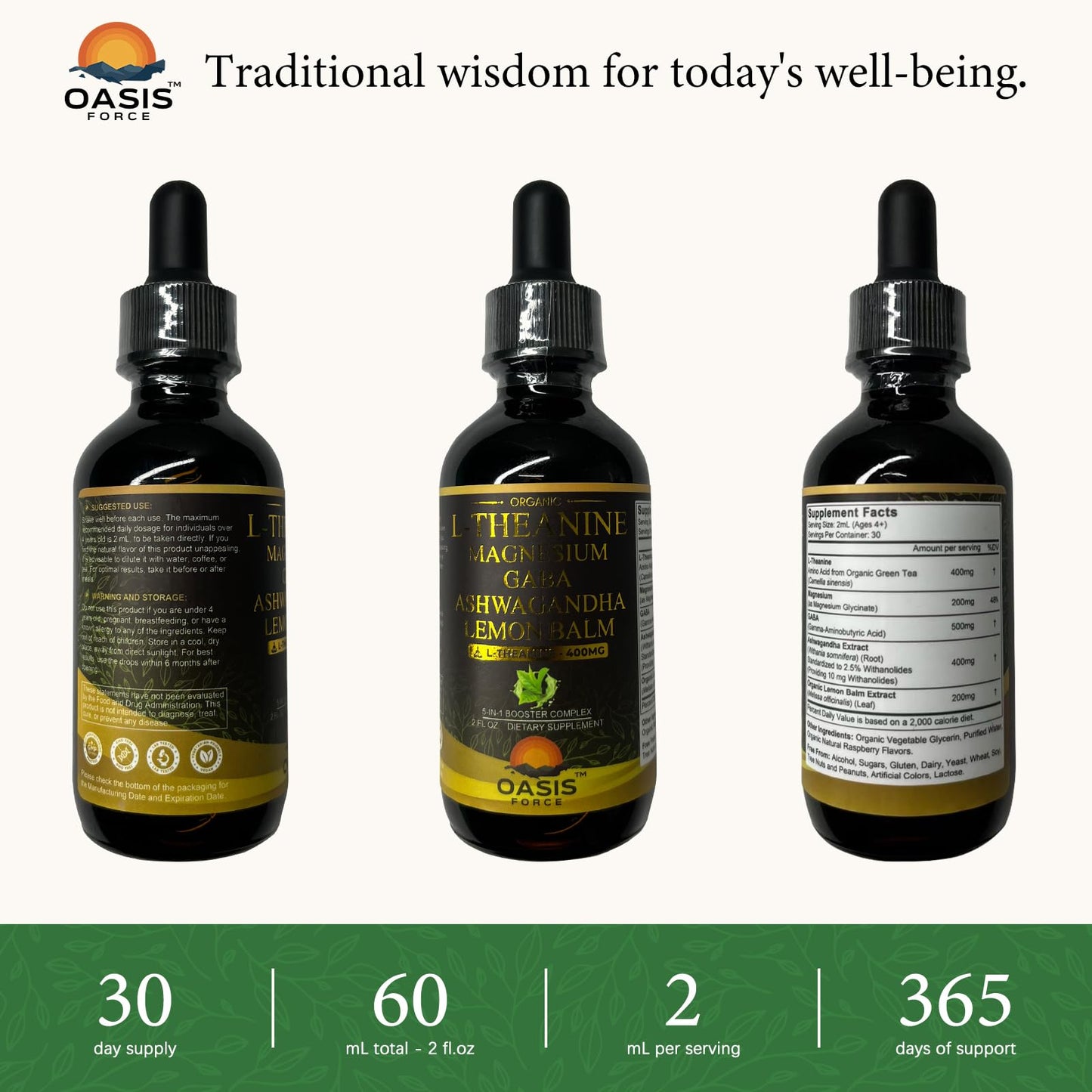 OASIS FORCE L Theanine 400mg Liquid Drops – Sleep, Focus & Relaxation (2 oz)