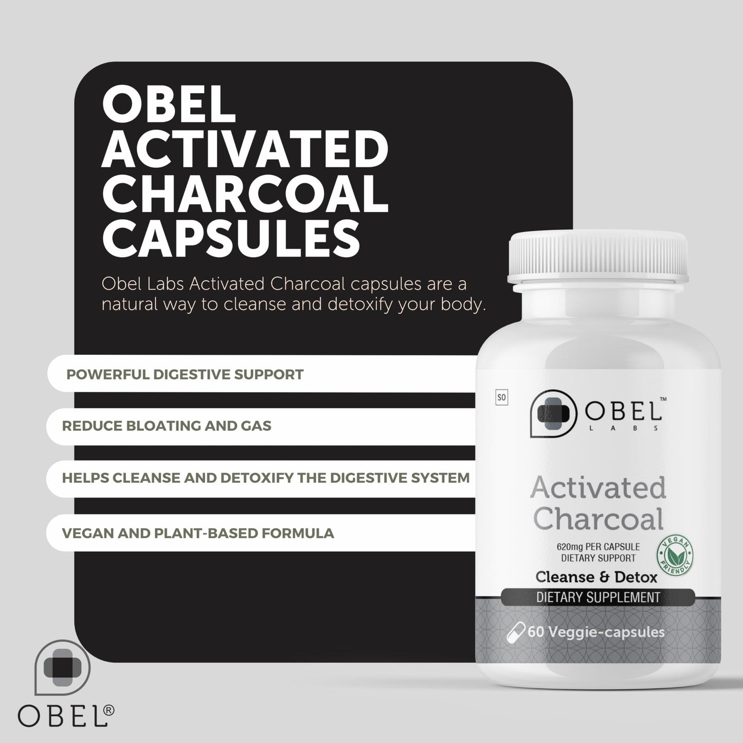Obel Activated Charcoal Capsules | Digestive Support | 620mg Coconut-Derived