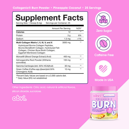Obvi Collagenic Burn Powder | Multi-Collagen Peptide Blend with GBB, Ashwagandha & Green Coffee | Pineapple Coconut, 25 Servings