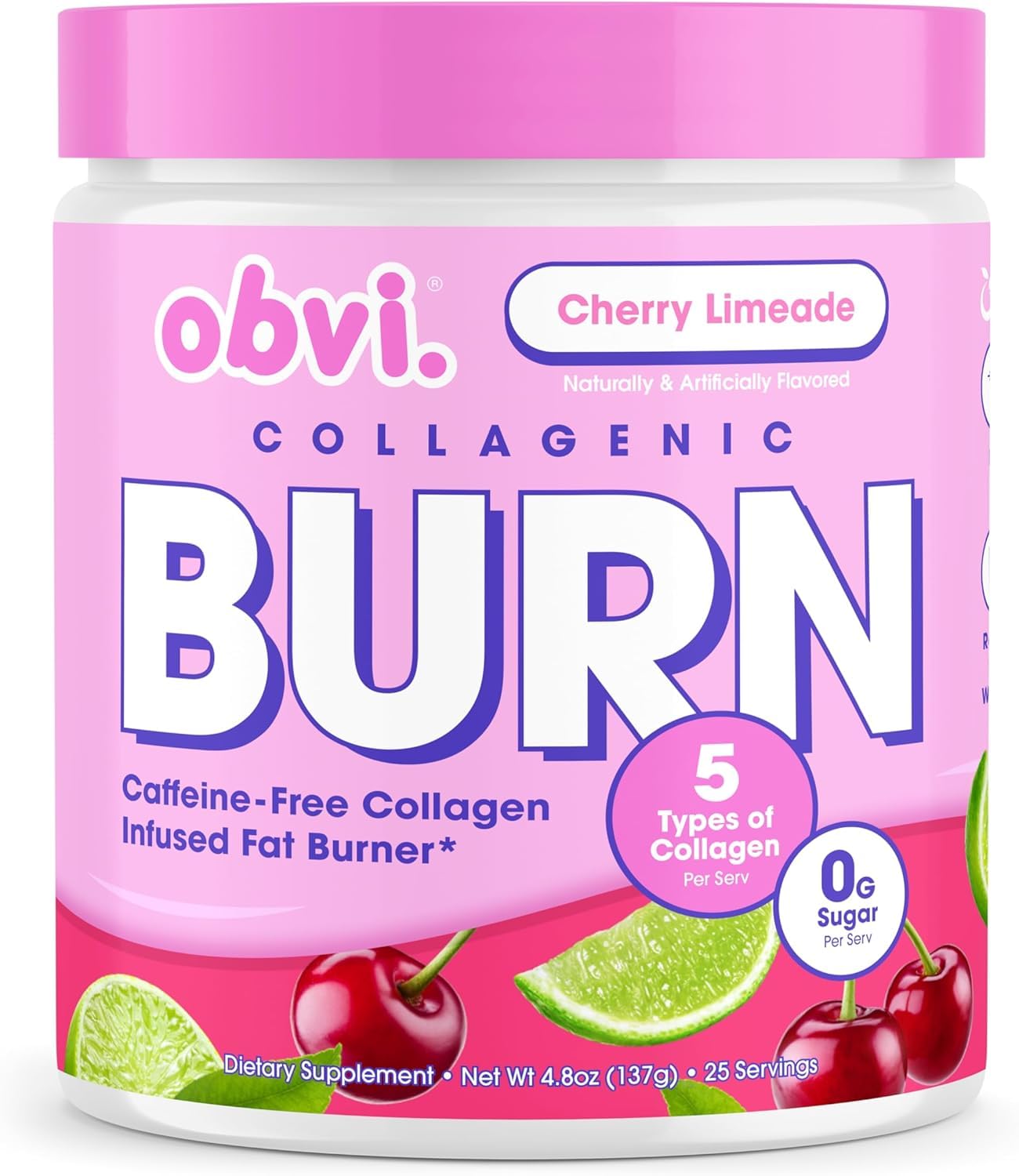 Obvi Collagenic Burn Powder - Collagen Peptide Blend with GBB, Ashwagandha & Green Coffee | Cherry Limeade 25 Servings