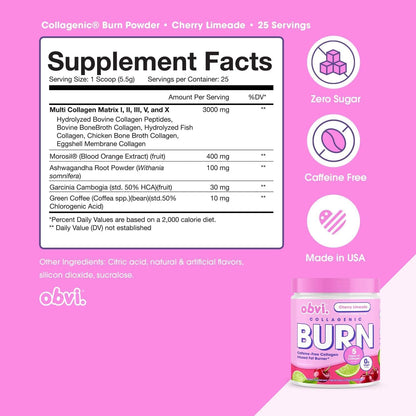Obvi Collagenic Burn Powder - Collagen Peptide Blend with GBB, Ashwagandha & Green Coffee | Cherry Limeade 25 Servings