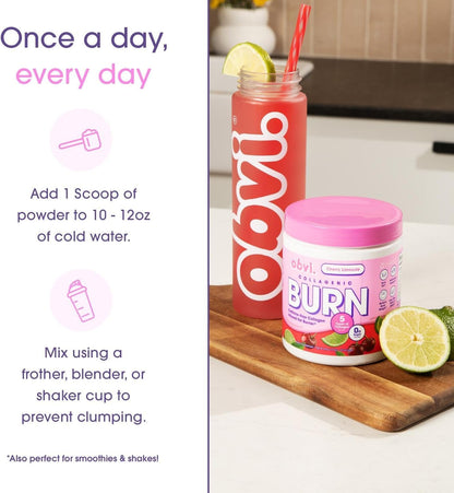 Obvi Collagenic Burn Powder - Collagen Peptide Blend with GBB, Ashwagandha & Green Coffee | Cherry Limeade 25 Servings