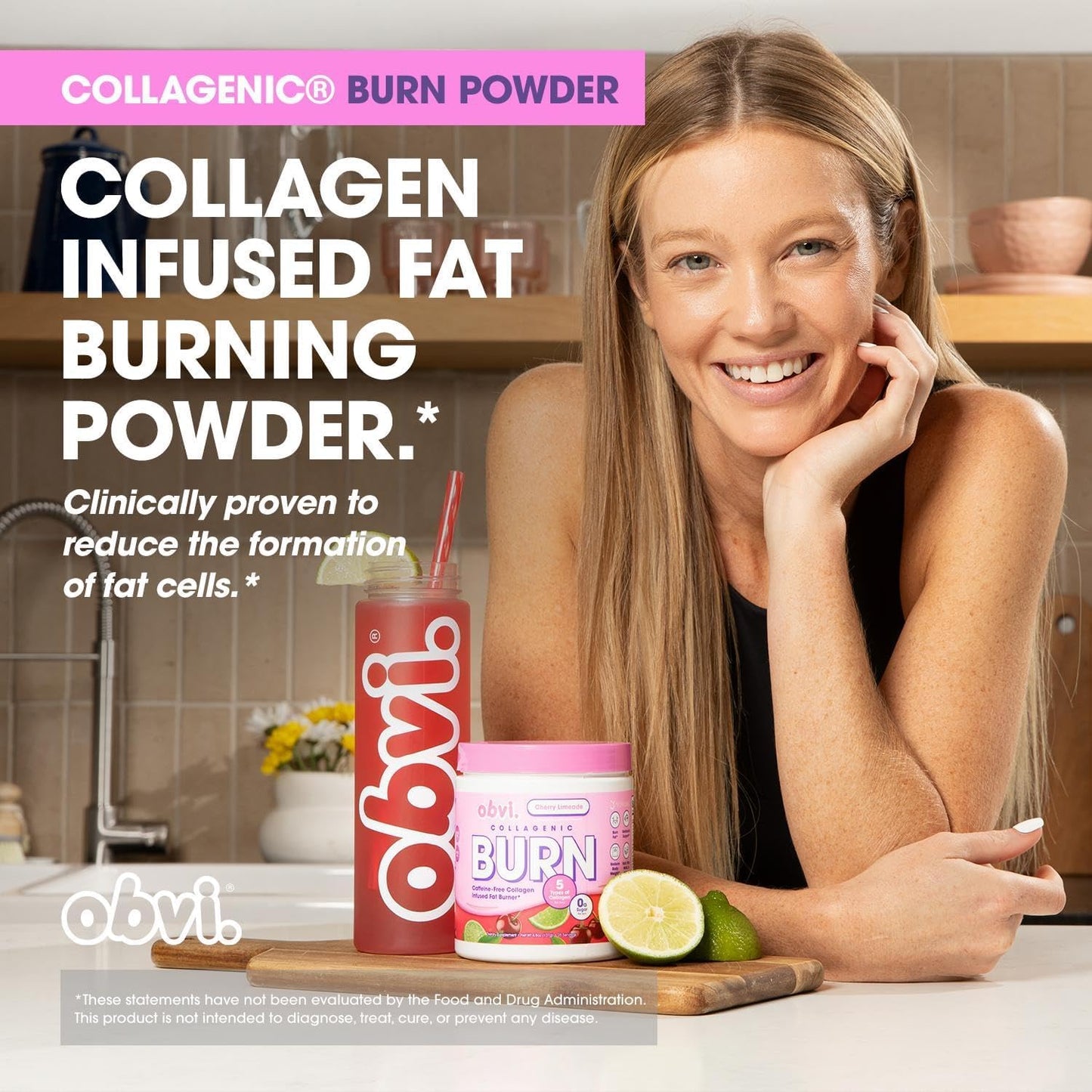Obvi Collagenic Burn Powder - Collagen Peptide Blend with GBB, Ashwagandha & Green Coffee | Cherry Limeade 25 Servings