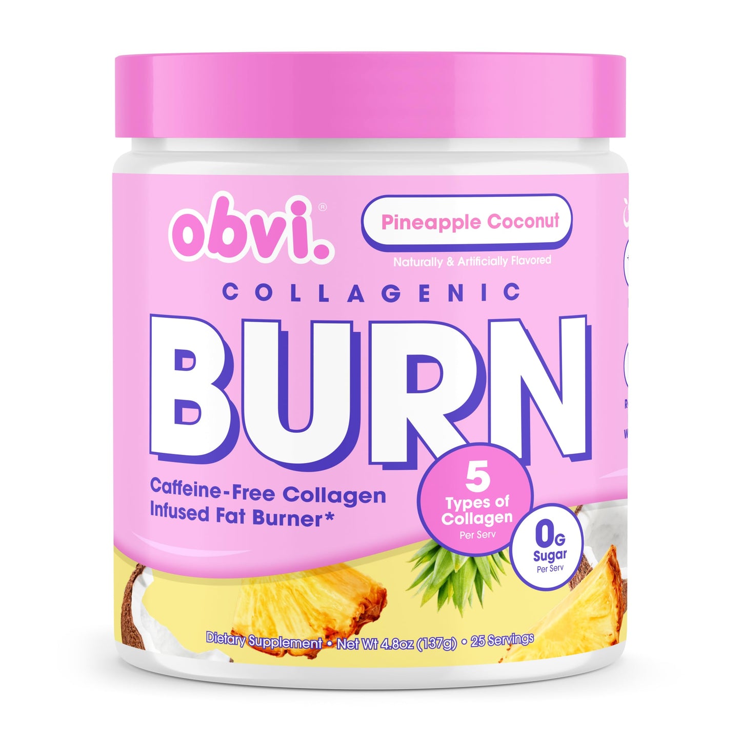 Obvi Collagenic Burn Powder | Multi-Collagen Peptide Blend with GBB, Ashwagandha & Green Coffee | Pineapple Coconut, 25 Servings