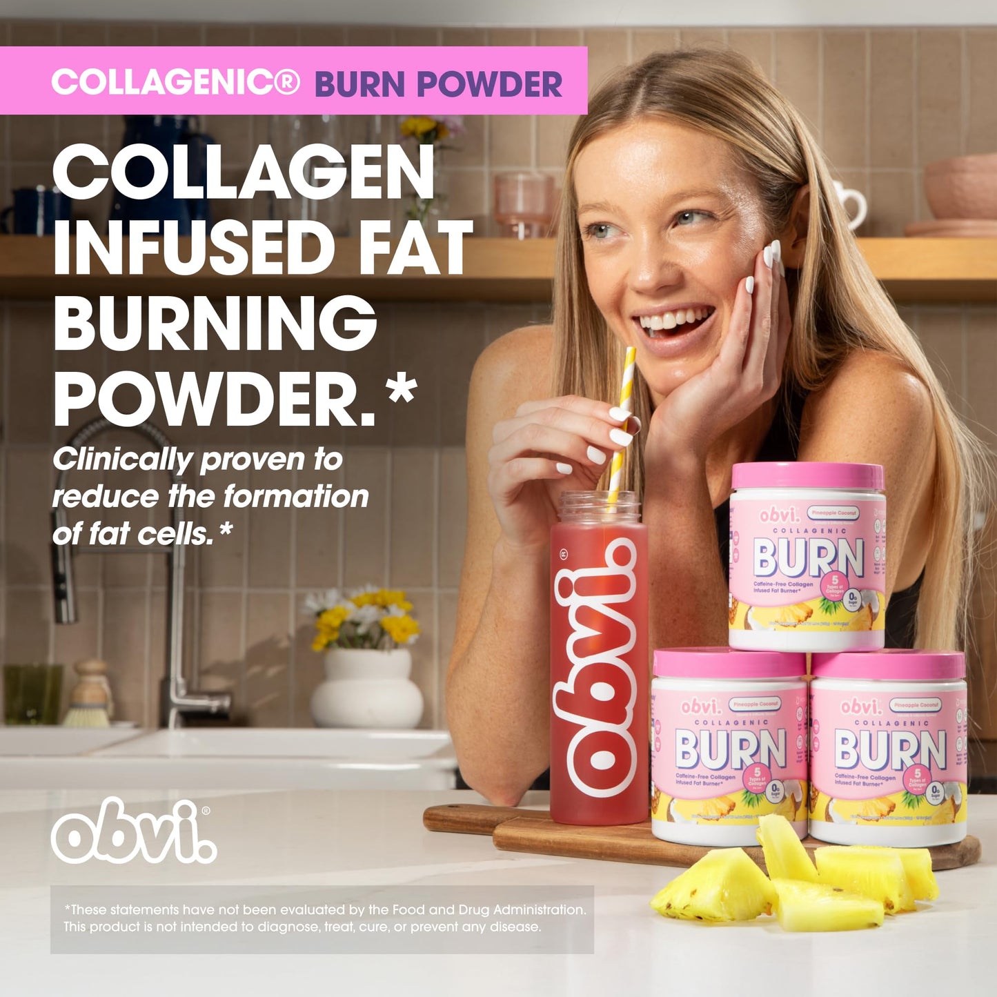 Obvi Collagenic Burn Powder | Multi-Collagen Peptide Blend with GBB, Ashwagandha & Green Coffee | Pineapple Coconut, 25 Servings