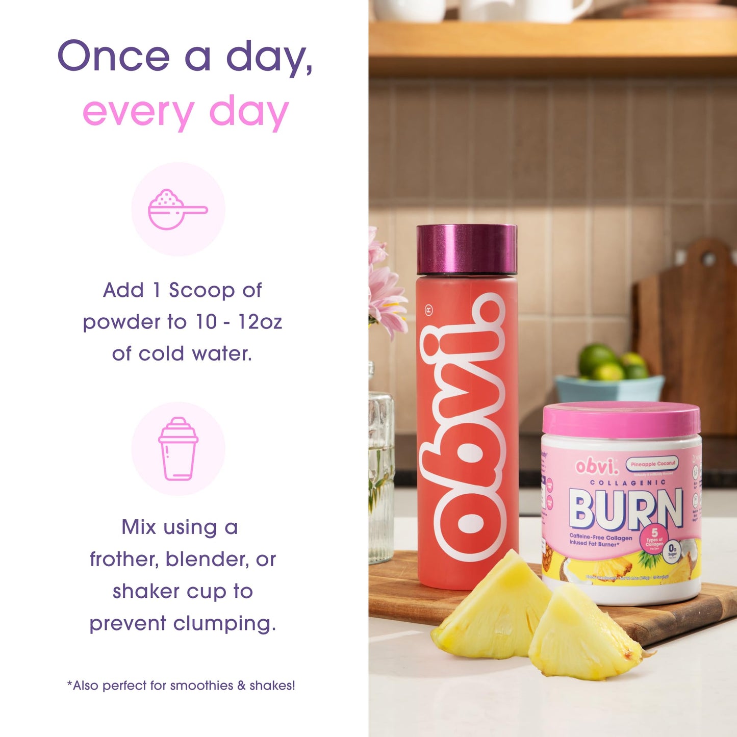 Obvi Collagenic Burn Powder | Multi-Collagen Peptide Blend with GBB, Ashwagandha & Green Coffee | Pineapple Coconut, 25 Servings