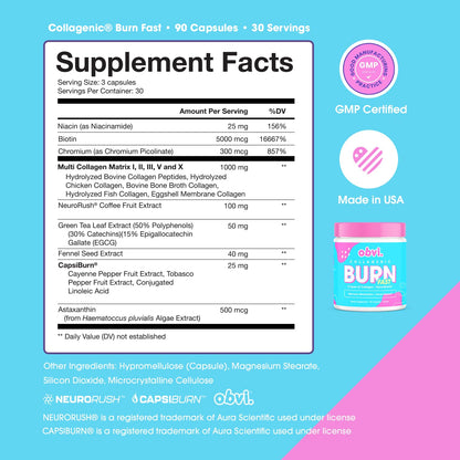Obvi Multi Collagen Burn Fast | Hydrolyzed Collagen Peptides Types I, II, III, V, X | Keto & Gluten Free | 30 Servings