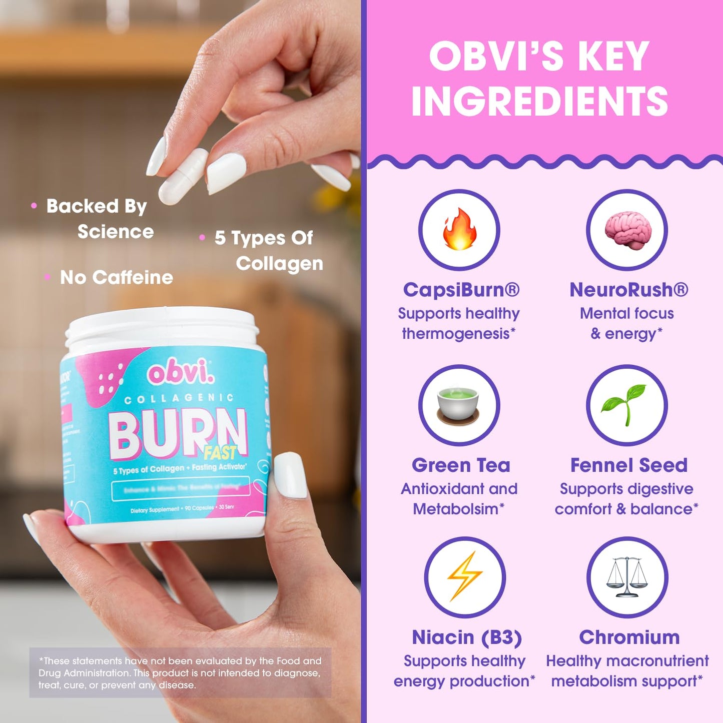 Obvi Multi Collagen Burn Fast | Hydrolyzed Collagen Peptides Types I, II, III, V, X | Keto & Gluten Free | 30 Servings