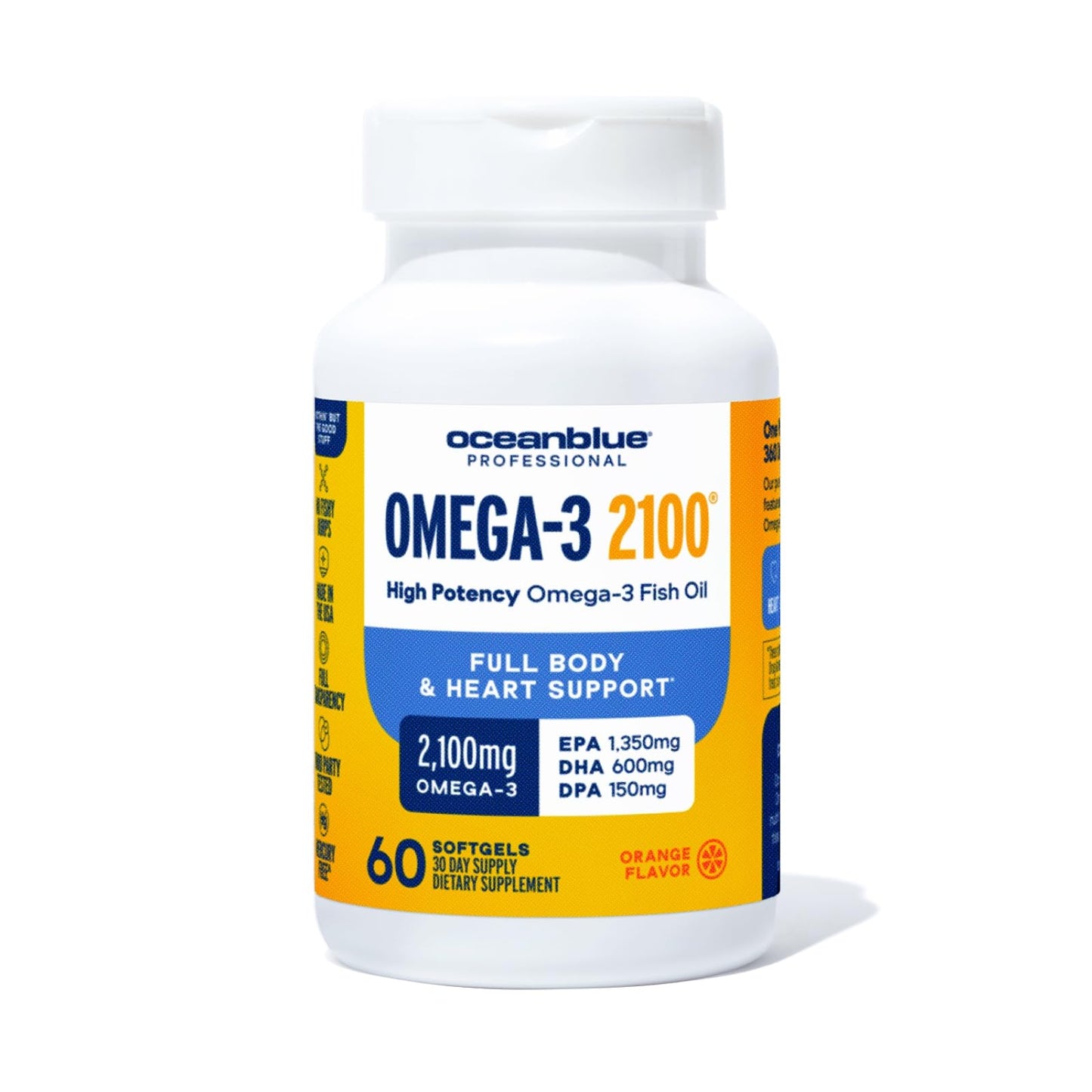 Oceanblue Omega-3 2100-60 Count – Triple-Strength Burpless Fish Oil (EPA, DHA & DPA) Orange, 30 Servings