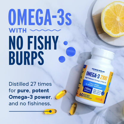 Oceanblue Omega-3 2100-60 Count – Triple-Strength Burpless Fish Oil (EPA, DHA & DPA) Orange, 30 Servings