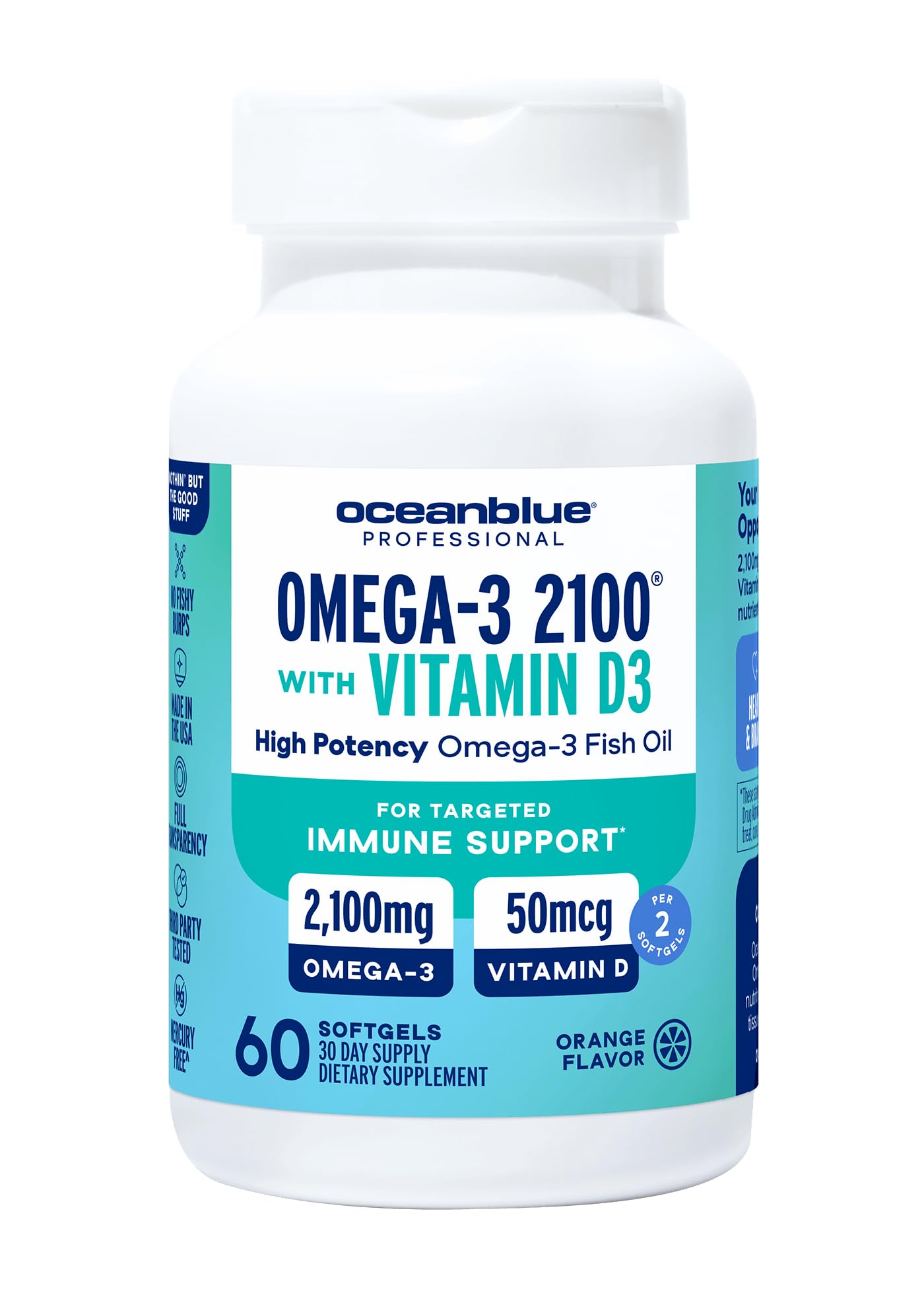 Oceanblue Omega-3 2100 with Vitamin D3 – 60 ct (30 Servings) – Burpless, Orange Flavor