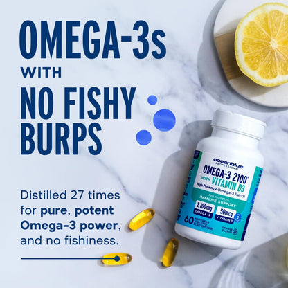 Oceanblue Omega-3 2100 with Vitamin D3 – 60 ct (30 Servings) – Burpless, Orange Flavor