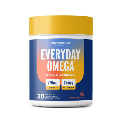 Oceanblue Omega 3 Supplement for Women | Burpless Fish Oil 720mg + Vitamin D3 | Heart & Immune Support | Molecularly Distilled Orange Flavor (30 Count One a Day Omega)