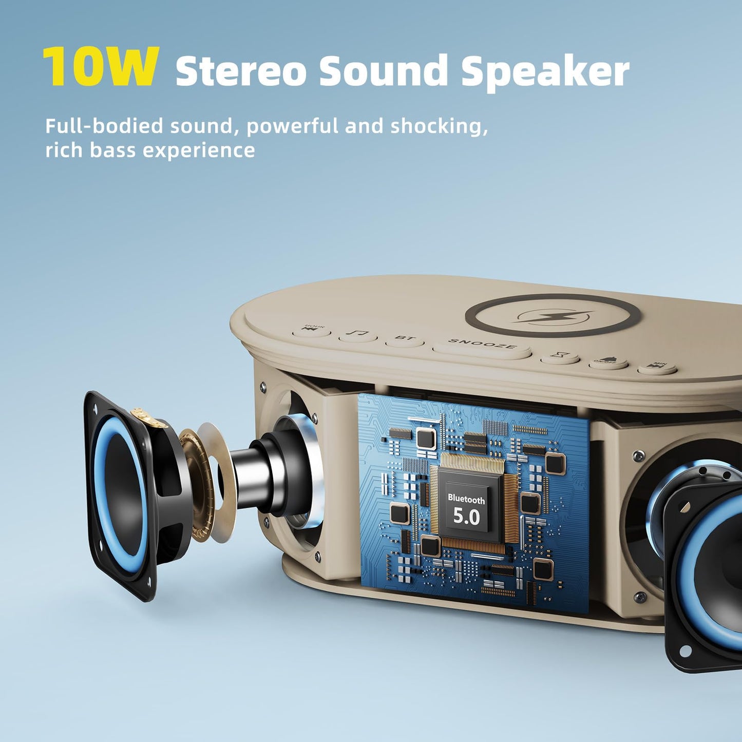 Odokee Sound Machine Alarm Clock – Bluetooth 10W Speaker & Wireless Charging | Putty
