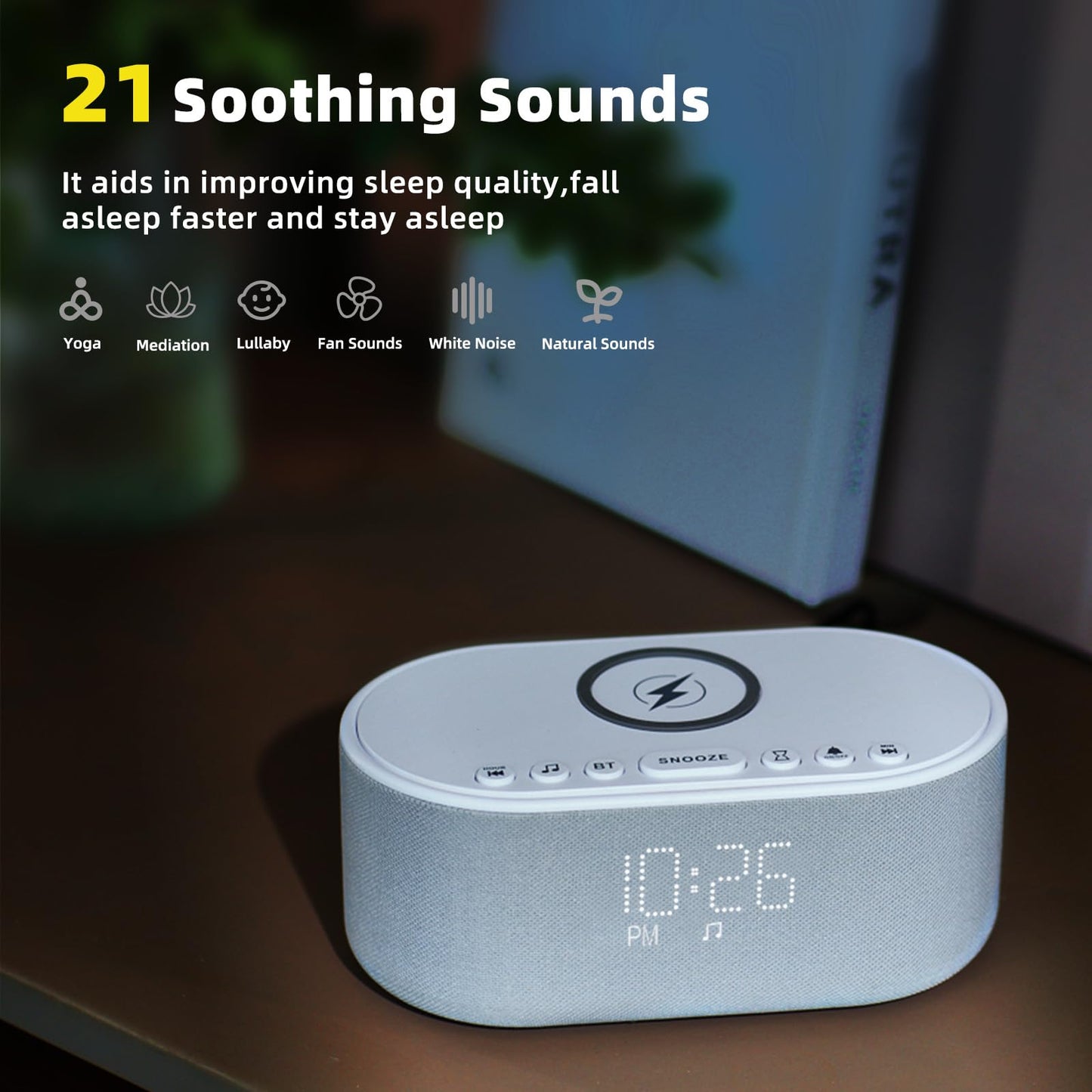 Odokee Sound Machine Alarm Clock with Wireless Charger - 21 Soothing Sounds & 10W Bluetooth Speaker