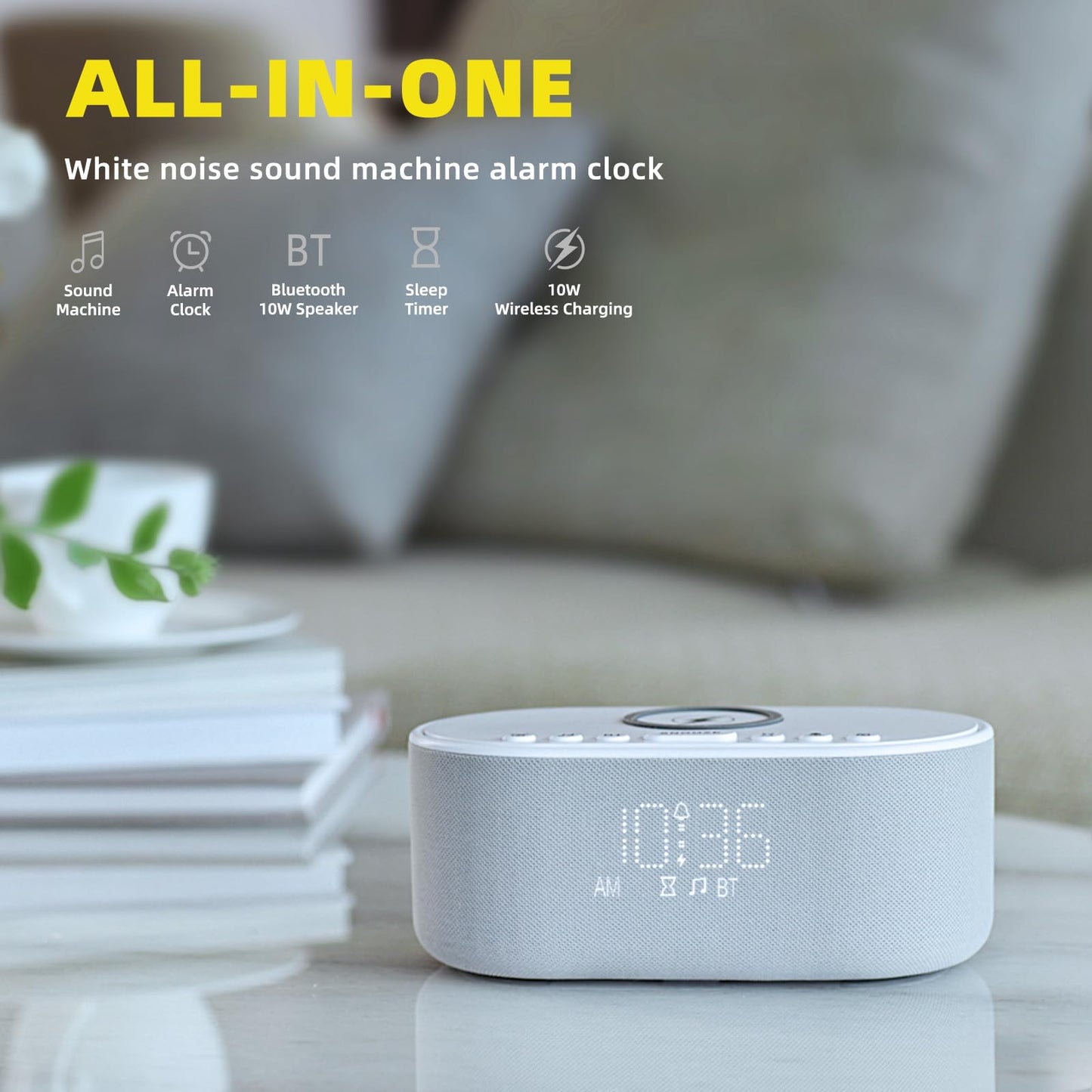 Odokee Sound Machine Alarm Clock with Wireless Charger - 21 Soothing Sounds & 10W Bluetooth Speaker