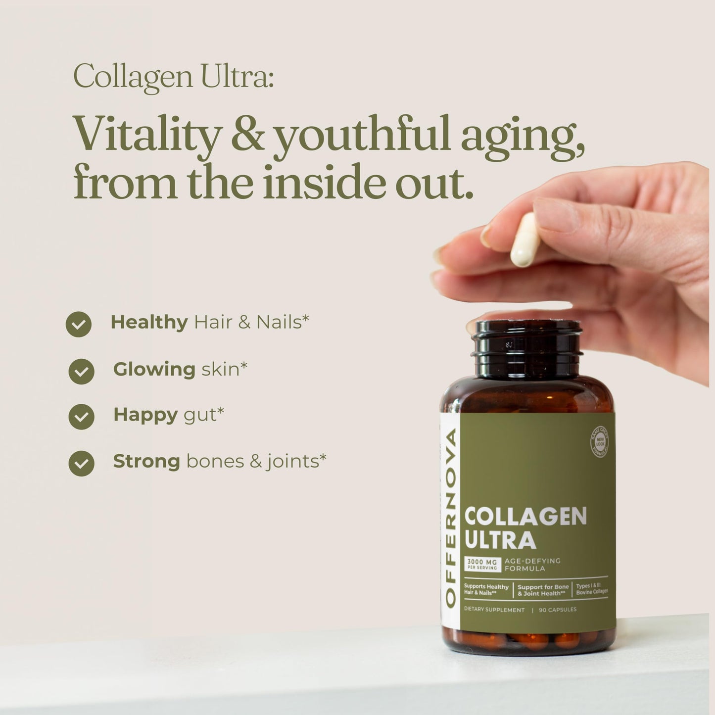 Offernova Collagen Ultra – 3000mg Hydrolyzed Collagen, 90 Capsules – Joints, Skin & Nails