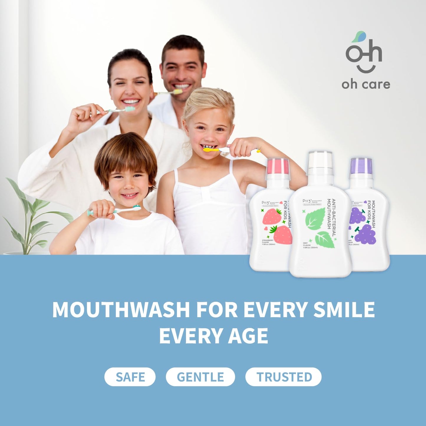 oh care Kids Mouthwash P113+ Peptide - Fluoride Free, Alcohol Free, Mint 11.08 oz