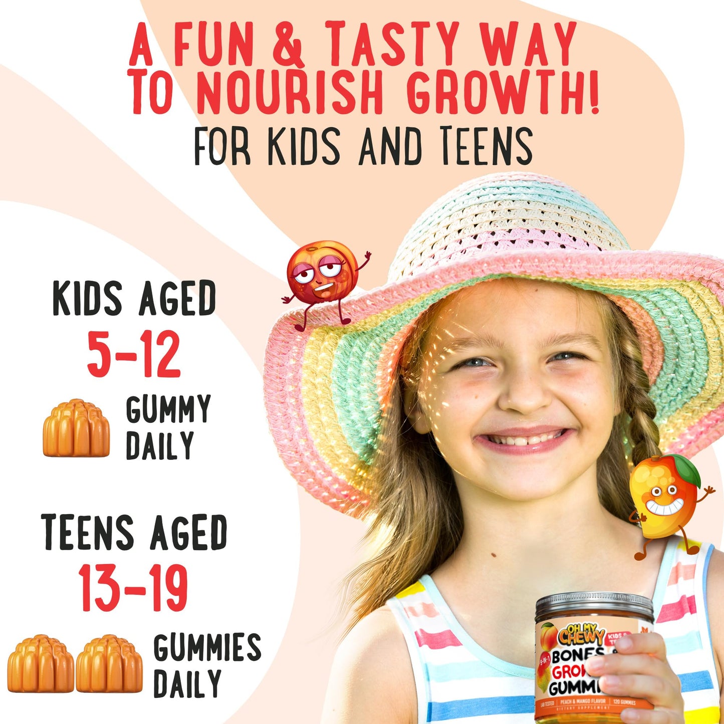 OH MY CHEWY Growth Increase Vitamin Gummies – Growth & Bone Support for Kids & Teens (Calcium, Vitamin D3, K2) Peach & Mango 60 CT