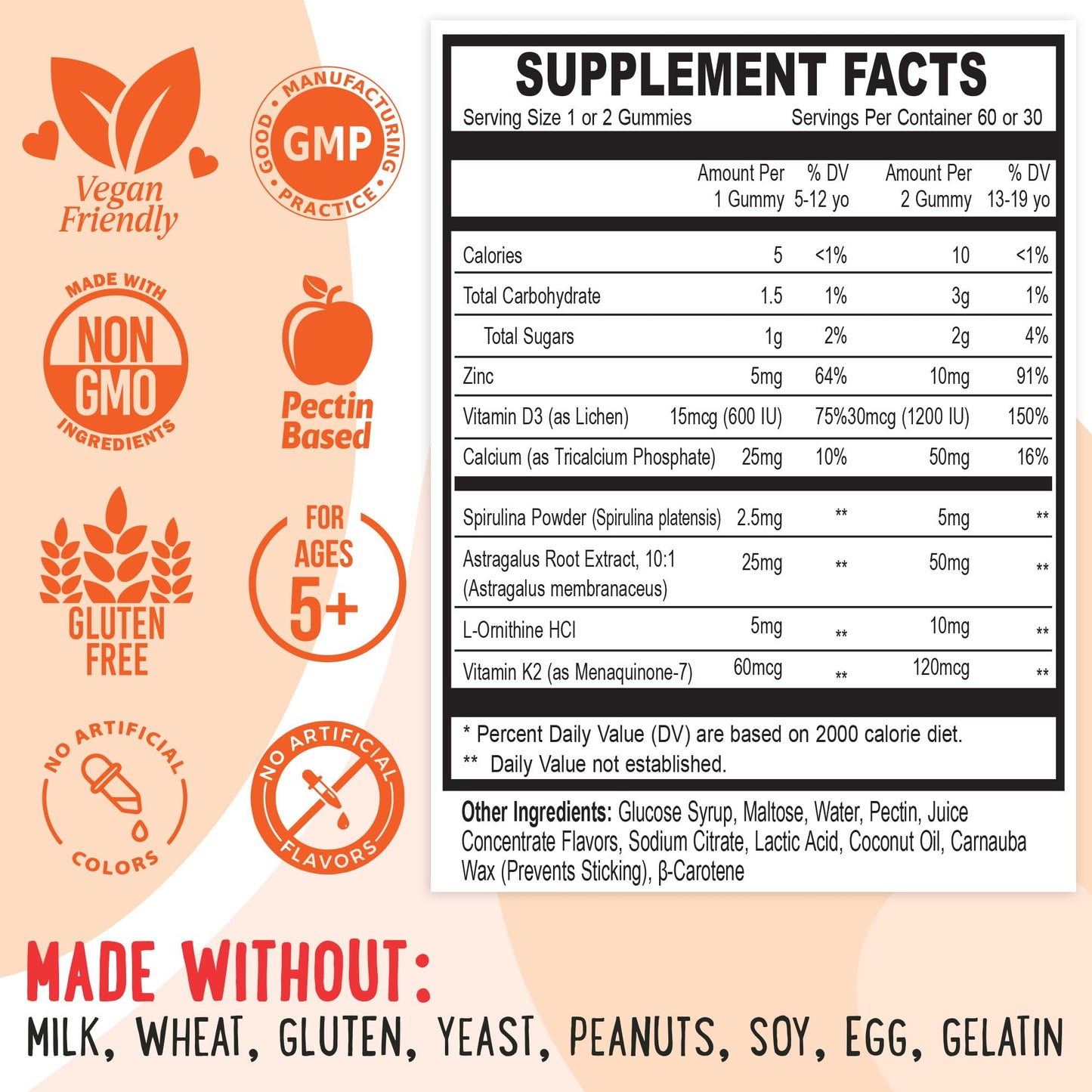 OH MY CHEWY Growth Increase Vitamin Gummies – Growth & Bone Support for Kids & Teens (Calcium, Vitamin D3, K2) Peach & Mango 60 CT